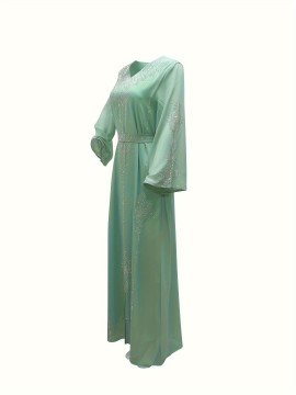 Elegant Floral Printed 1pc Long Sleeve Abaya - Polyester Chiffon Summer Robe with Rhinestone Embellishments and Belt for Middle Eastern Women