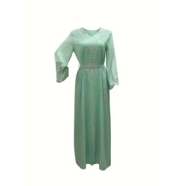 Elegant Floral Printed 1pc Long Sleeve Abaya - Polyester Chiffon Summer Robe with Rhinestone Embellishments and Belt for Middle Eastern Women