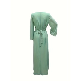 Elegant Floral Printed 1pc Long Sleeve Abaya - Polyester Chiffon Summer Robe with Rhinestone Embellishments and Belt for Middle Eastern Women