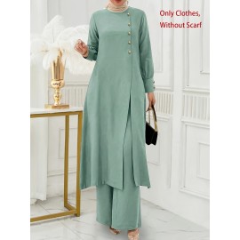 [Ramadan Top Set] Ramadan Solid Color Long Sleeve Top and Pants Set | Arabic Style, Polyester, with Faux Button Detail, for All Seasons, Women's