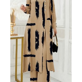[Ramadan Top Set] Ramadan Solid Color Long Sleeve Top and Pants Set | Arabic Style, Polyester, with Faux Button Detail, for All Seasons, Women's