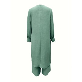 [Ramadan Top Set] Ramadan Solid Color Long Sleeve Top and Pants Set | Arabic Style, Polyester, with Faux Button Detail, for All Seasons, Women's