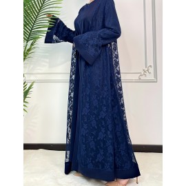 Elegant Black Lace Abaya with Contrast Lace Trim - Long Sleeve, Floor-Length, Belted, All-Season Wear, Traditional Middle Eastern Attire for Women, Cultural Attire|Elegant Abaya|Lace Trim Abaya
