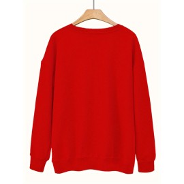 [Thankful Print Sweatshirt] Women's Casual Thankful Print Sweatshirt - 100% Polyester Knit Crew Neck Long Sleeve Top For Fall/Winter - Soft, Machine Washable, Plus Size Comfort Wear