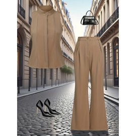 Elegant High Neck Sleeveless Waistcoat & Wide-Leg Pants Set - Chic Spring/Summer Outfit, Solid Color, Regular Fit, Perfect for Casual Or Formal Occasions, Casual Chic Outfit | High Neck Waistcoat | Belted Waistcoat, Ladies Pant Sets