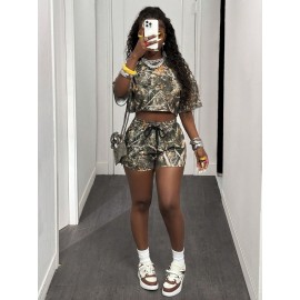 2pcs Women'S Casual Suit, Crew Neck Short Sleeve T-Shirt and Shorts Set, Branch Print Fabric Outfit, New Spring/Summer Island Vacation Wear for 2025