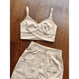[Elegant Beige Top & Pants Set] Elegant Beige Sleeveless Top & Button-Pants Set - Chic V-Neck Ruffled Detail Shirt with High-Waisted Wide-Leg Pants, Casual or Office Wear