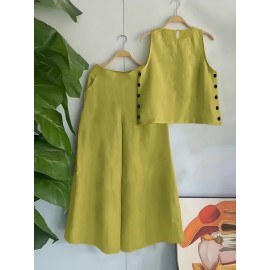 Vacation-Style Solid Color Sleeveless Women's Casual Pants Set