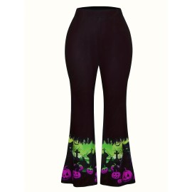 Halloween Black Cat Pumpkin Bat Print Short Sleeve T-Shirt and Long Pants Set, Elegant Style, Perfect for Halloween Celebrations, Halloween Attire|Playful Print|Polyester Fabric