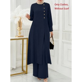 [Ramadan Top Set] Ramadan Solid Color Long Sleeve Top and Pants Set | Arabic Style, Polyester, with Faux Button Detail, for All Seasons, Women's
