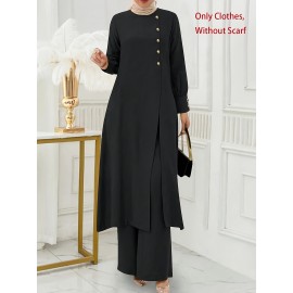 [Ramadan Top Set] Ramadan Solid Color Long Sleeve Top and Pants Set | Arabic Style, Polyester, with Faux Button Detail, for All Seasons, Women's