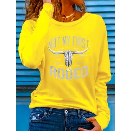 Women'S Western Bull Skull Graphic Long Sleeve T-Shirt - Stretchy Polyester Blend, Casual Crew Neck, Spring/Summer Vacation Top with 