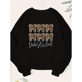 Women's Dental Assistant Graphic Print Crew Neck Sweatshirt - Teeth Leopard Pattern Casual Pullover, Relaxed Fit Fall & Spring Top, Machine Washable, Dental Assistant Gifts, No Stretch Fabric
